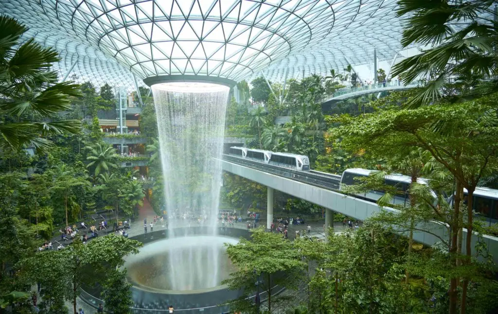Rain Vortex indoor waterfall at Singapore’s Jewel Changi Airport